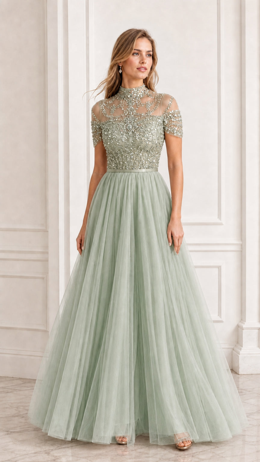 Sage green short sleeve beaded bodice tulle A-line gown