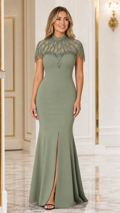 Sage green beaded mock neck formal maxi dress with front slit