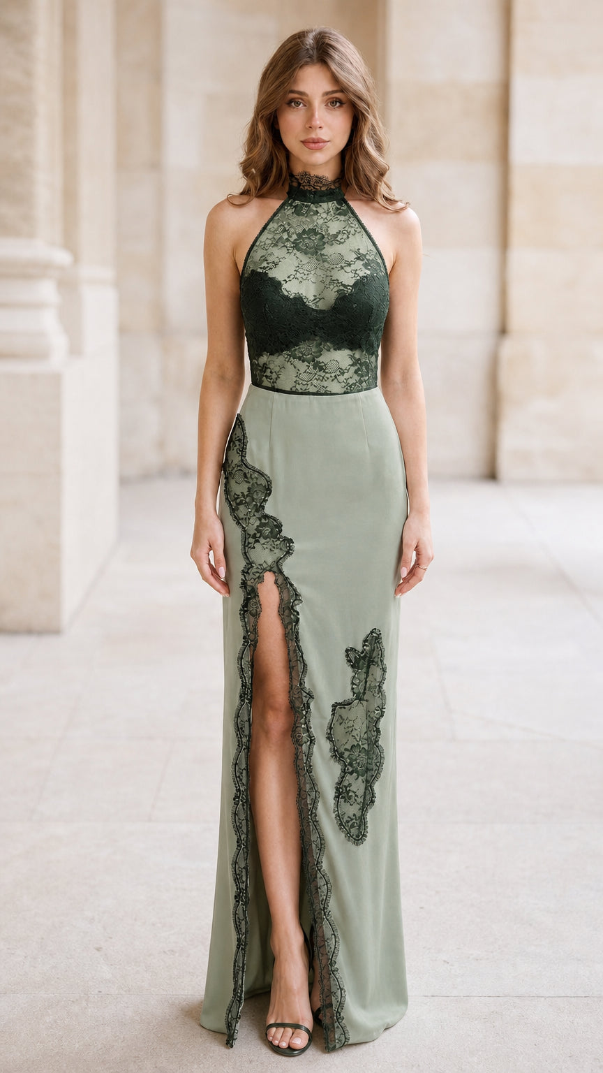 Sage green halter neck evening gown with sheer dark lace bodice and side slit