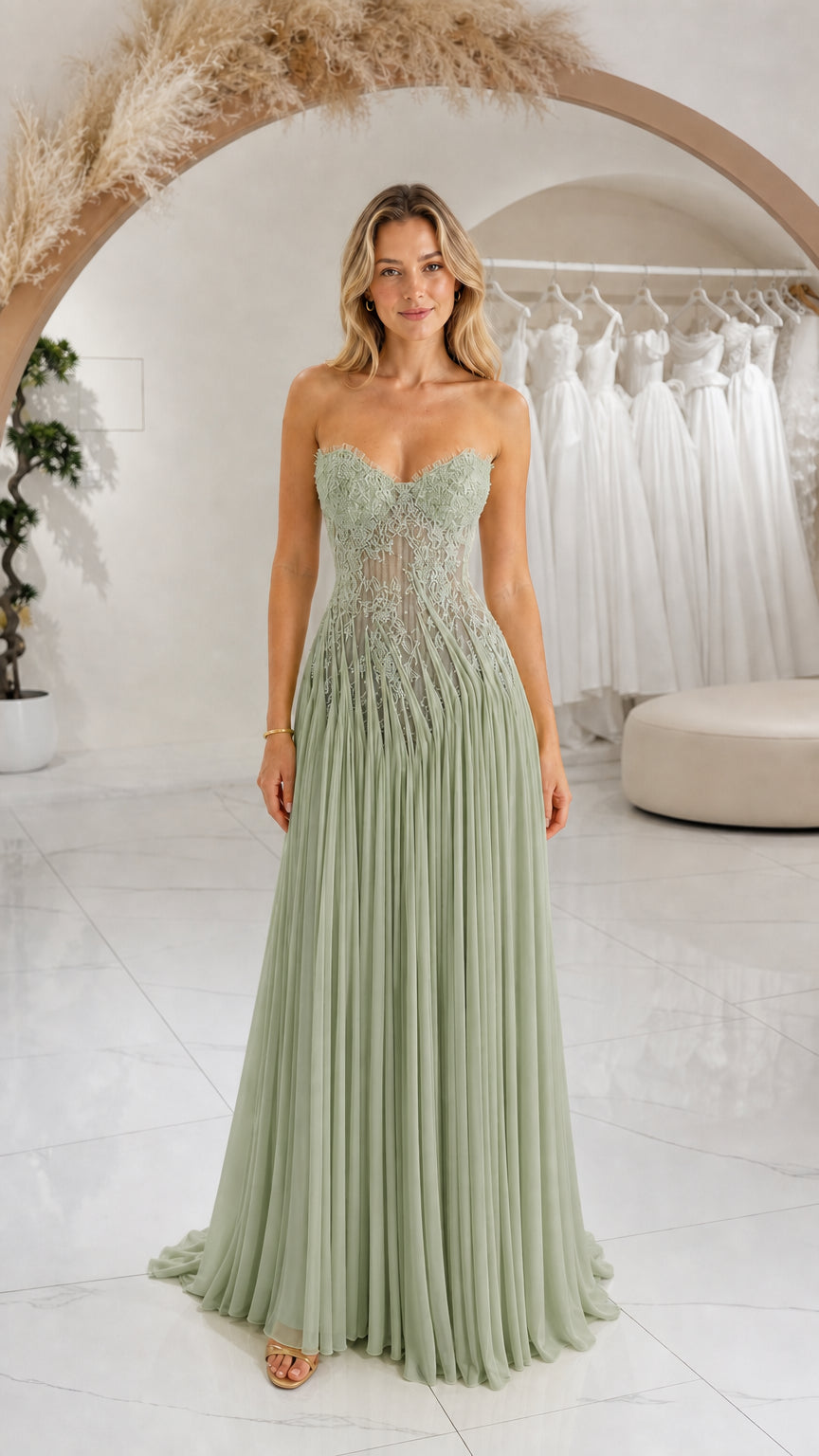 Front view of sage green strapless lace sweetheart pleated formal gown