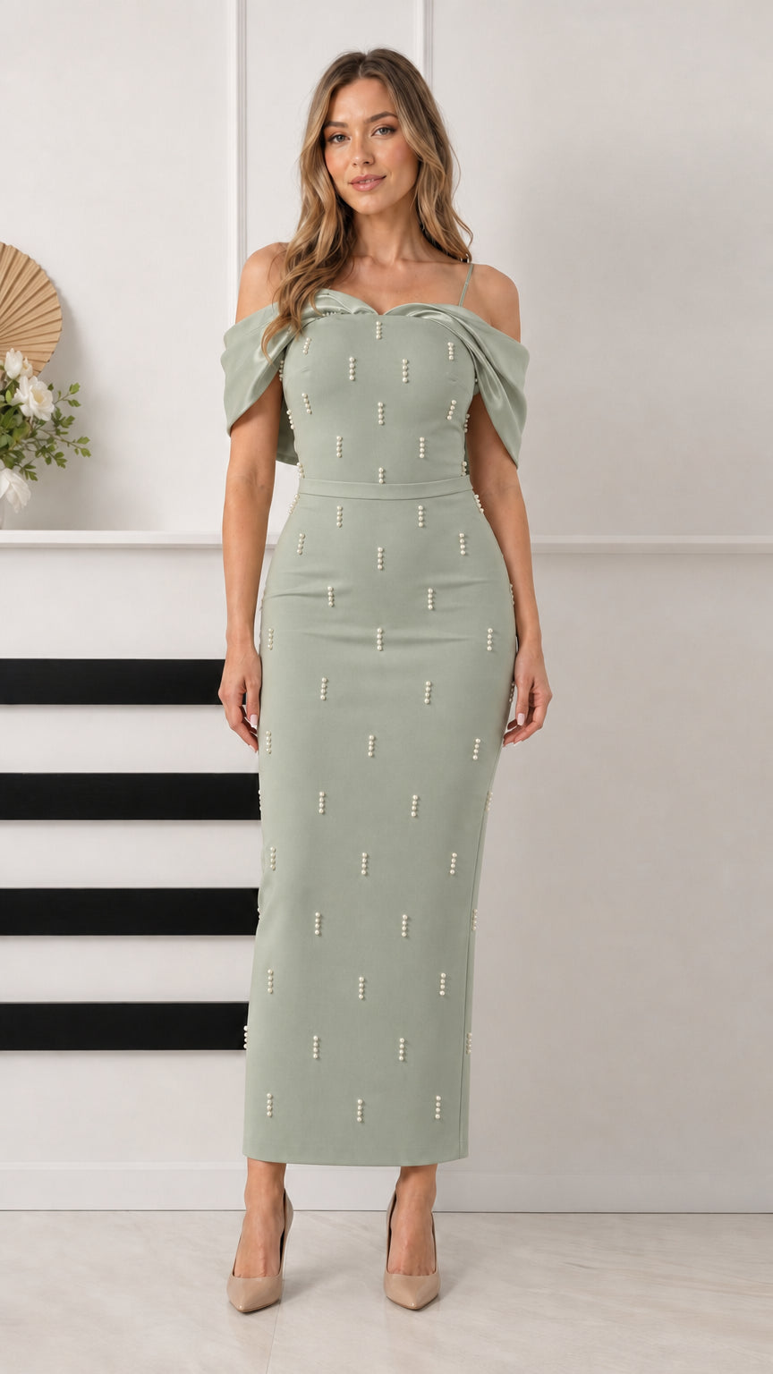 Front view of sage green pearl-embellished off-the-shoulder column formal dress