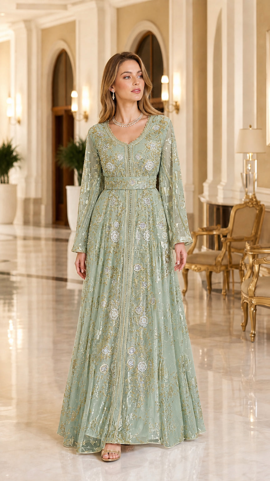 Model wearing sage green and gold metallic embroidered long sleeve kaftan dress