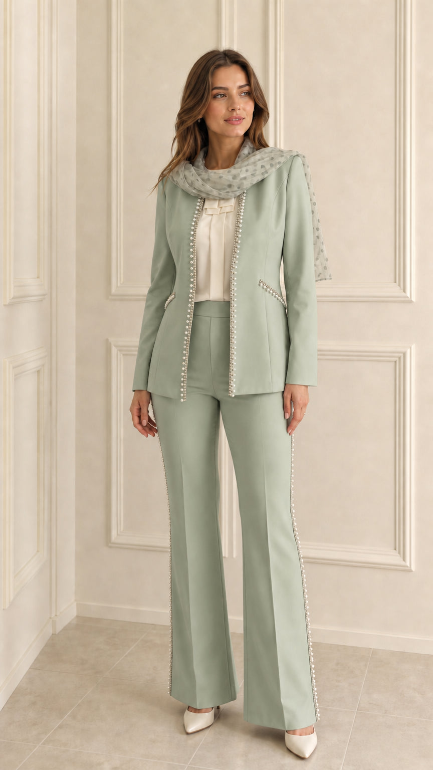 Sage Green pearl trimmed collarless blazer and flared trousers suit set