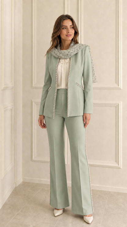 Sage Green pearl trimmed collarless blazer and flared trousers suit set