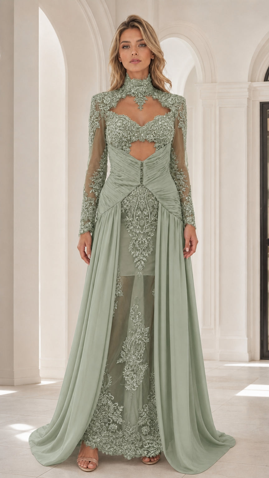 Front view of sage green embroidered high-neck formal gown with cutout detail