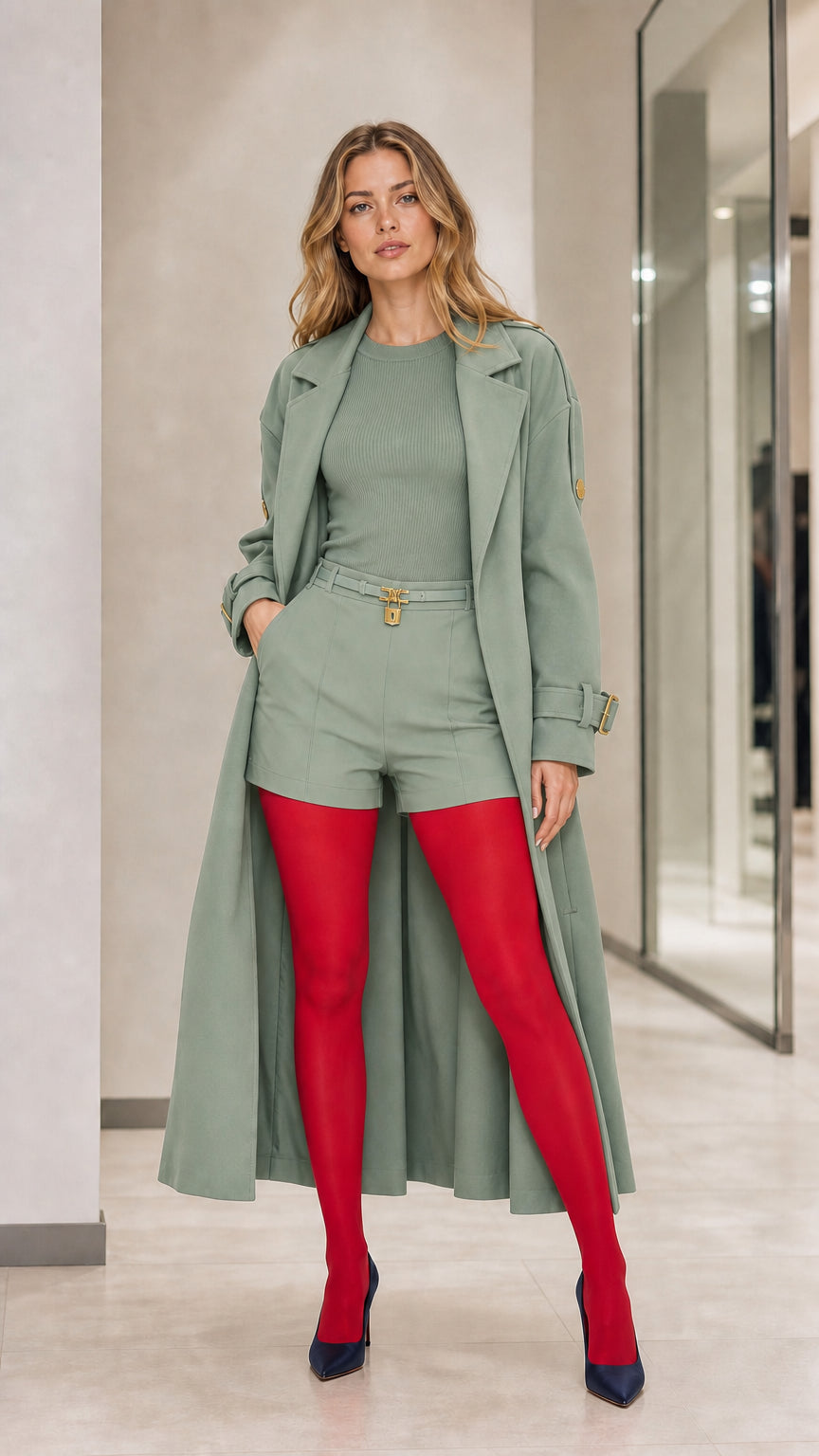 Full front view of model wearing Sage Green longline belted trench coat