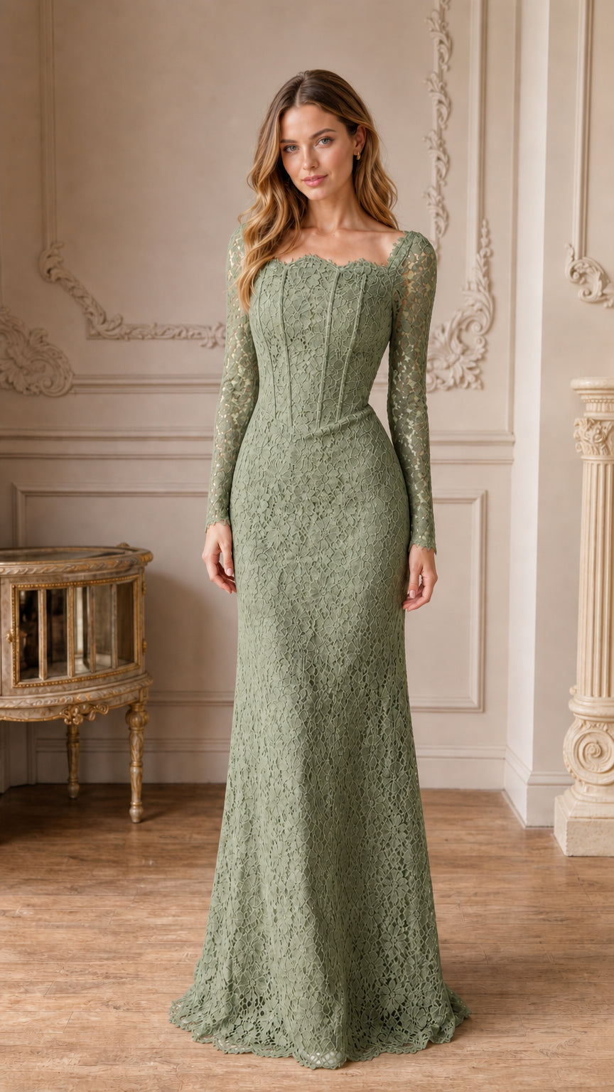 Front view of sage green long sleeve lace corset maxi evening gown