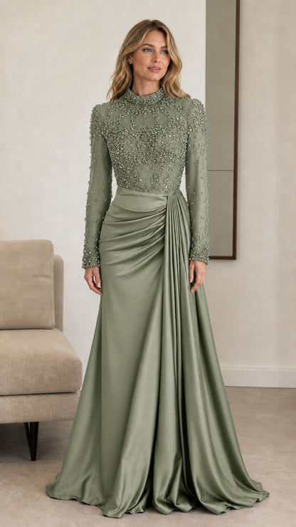 Front view of sage green long sleeve beaded bodice satin evening dress