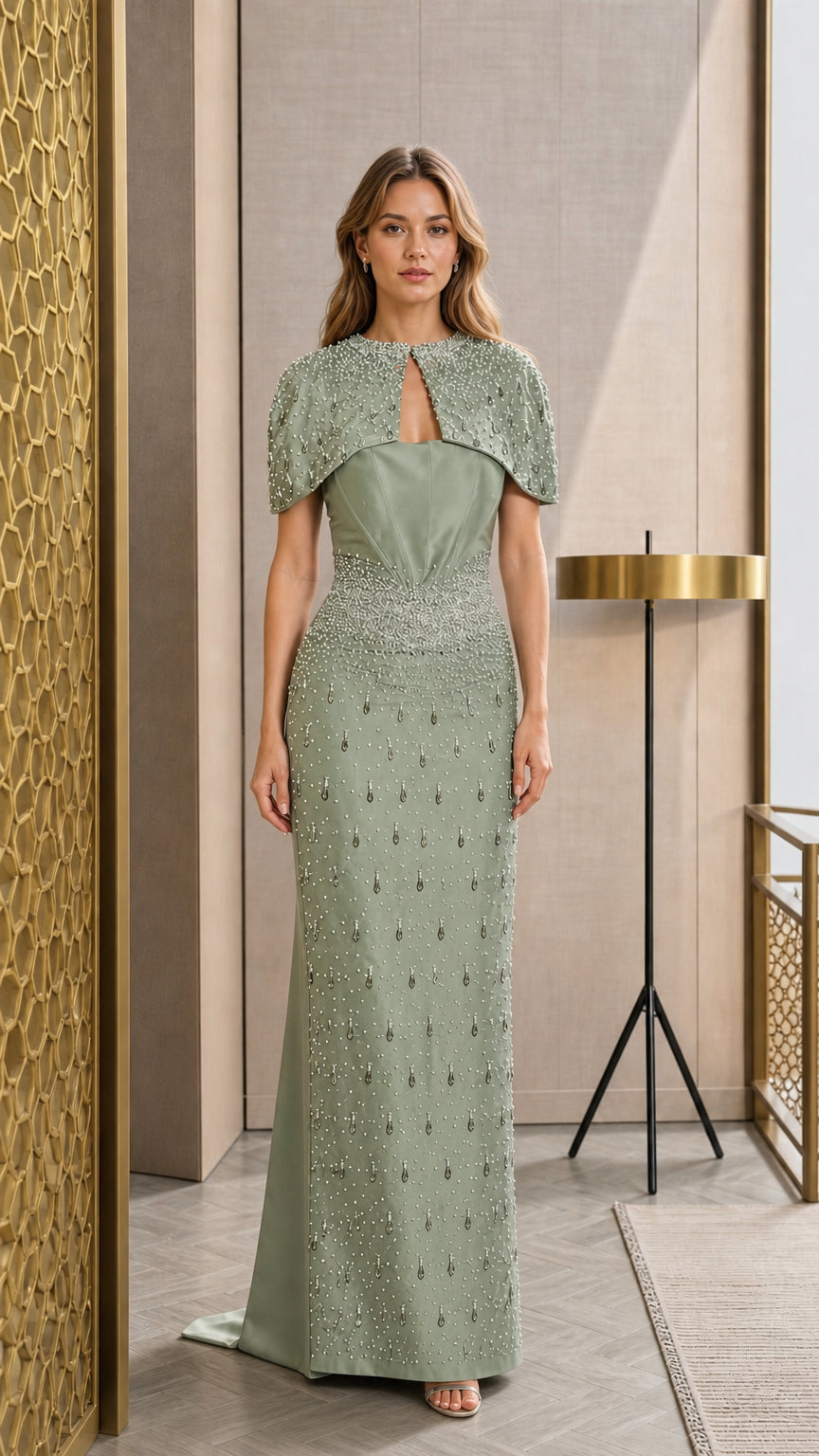 Sage Green formal evening dress with sparkling beaded capelet
