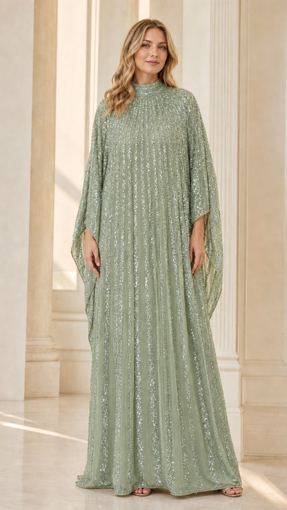 Sage green sequin pleated cape kaftan maxi gown