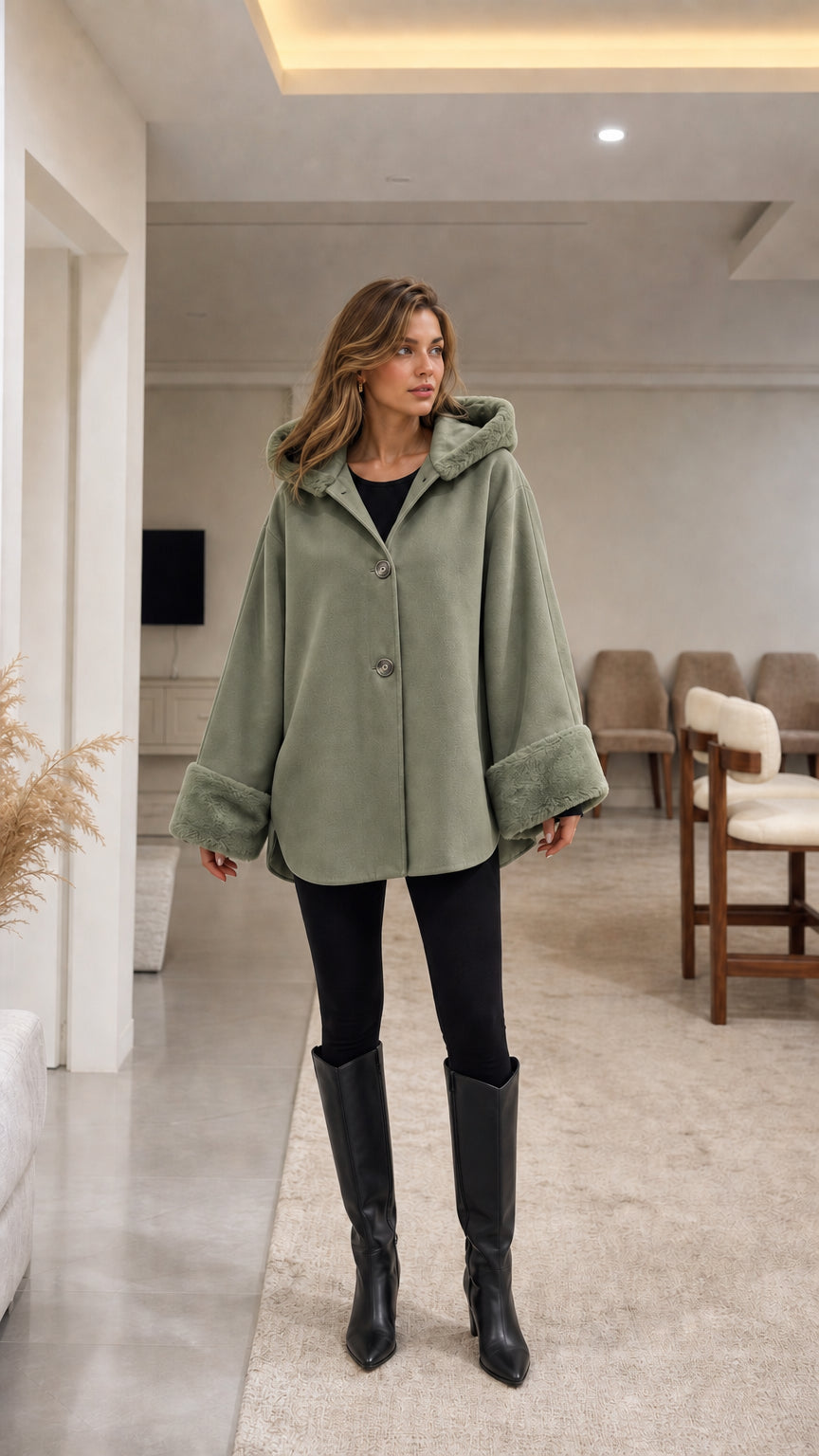 Model wearing sage green hooded cape coat with faux fur trim