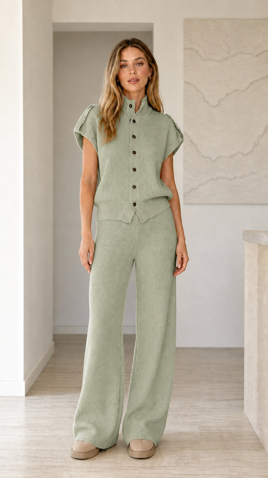 Front view of model wearing sage green ribbed knit button top and wide leg pants set
