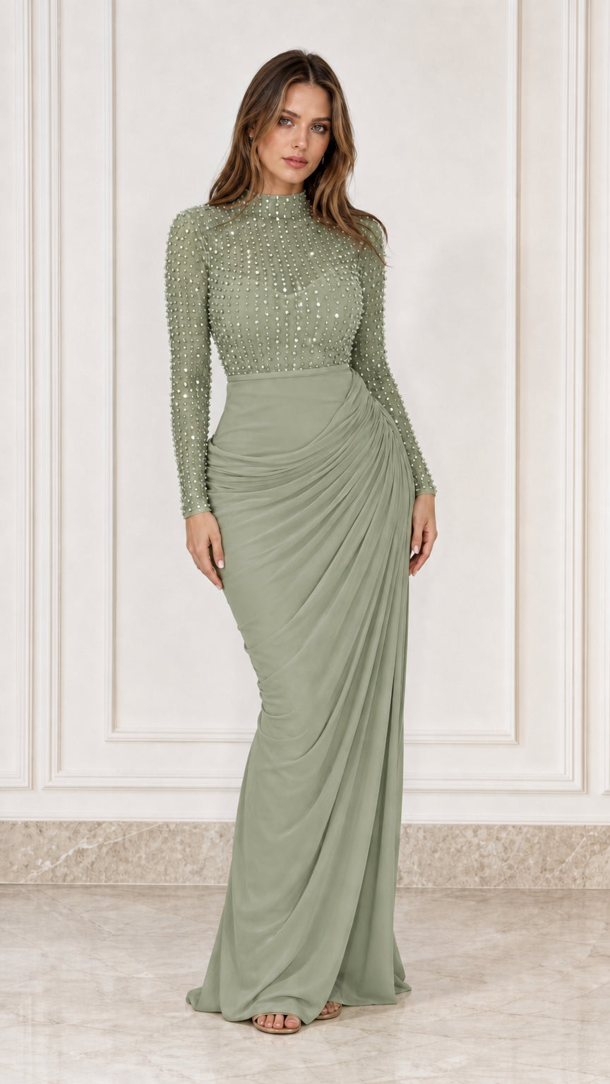 Sage green embellished bodice long sleeve formal maxi dress