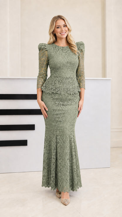 Full front view of model wearing Sage Green lace peplum evening maxi dress