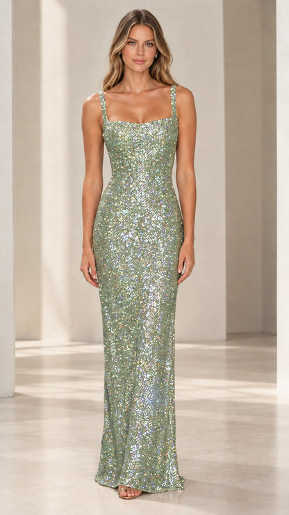 Sage green shimmering sequin square neck maxi gown