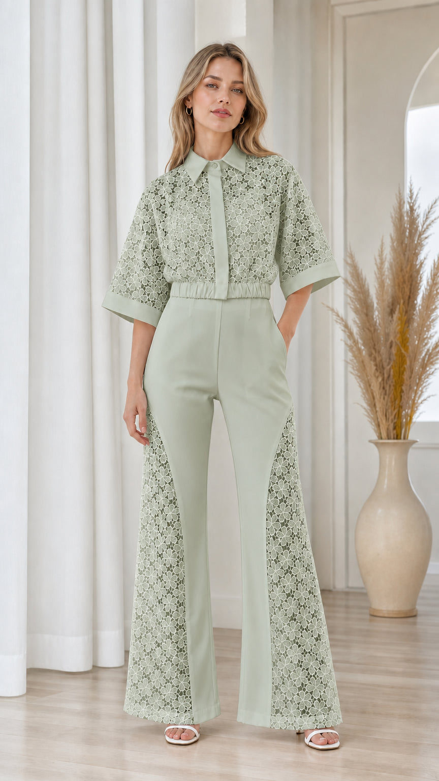 Model wearing sage green collared lace wide-leg jumpsuit
