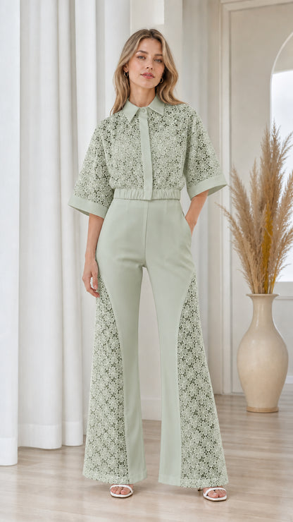 Model wearing sage green collared lace wide-leg jumpsuit