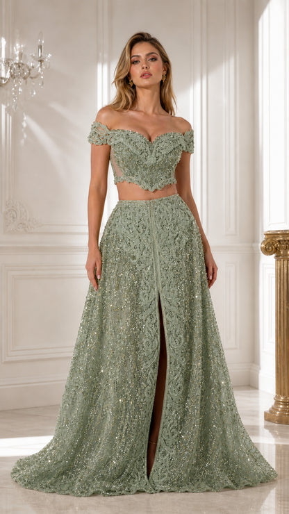 Front view of sage green beaded lace two-piece evening gown