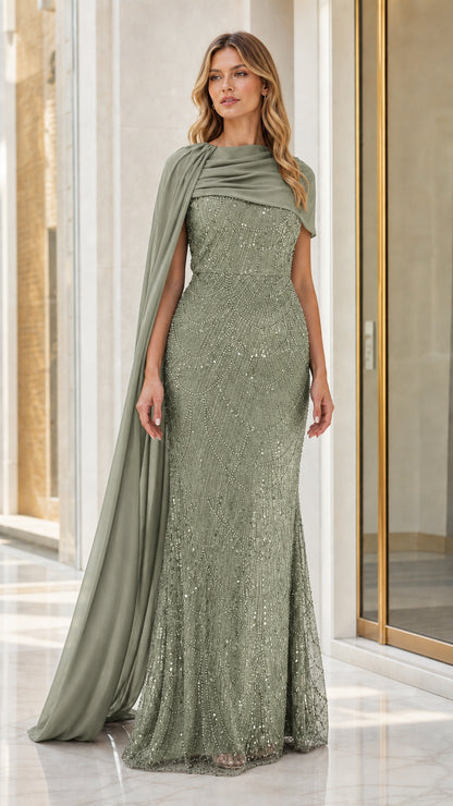 Full front view of sage green sequined evening gown with long draped cape