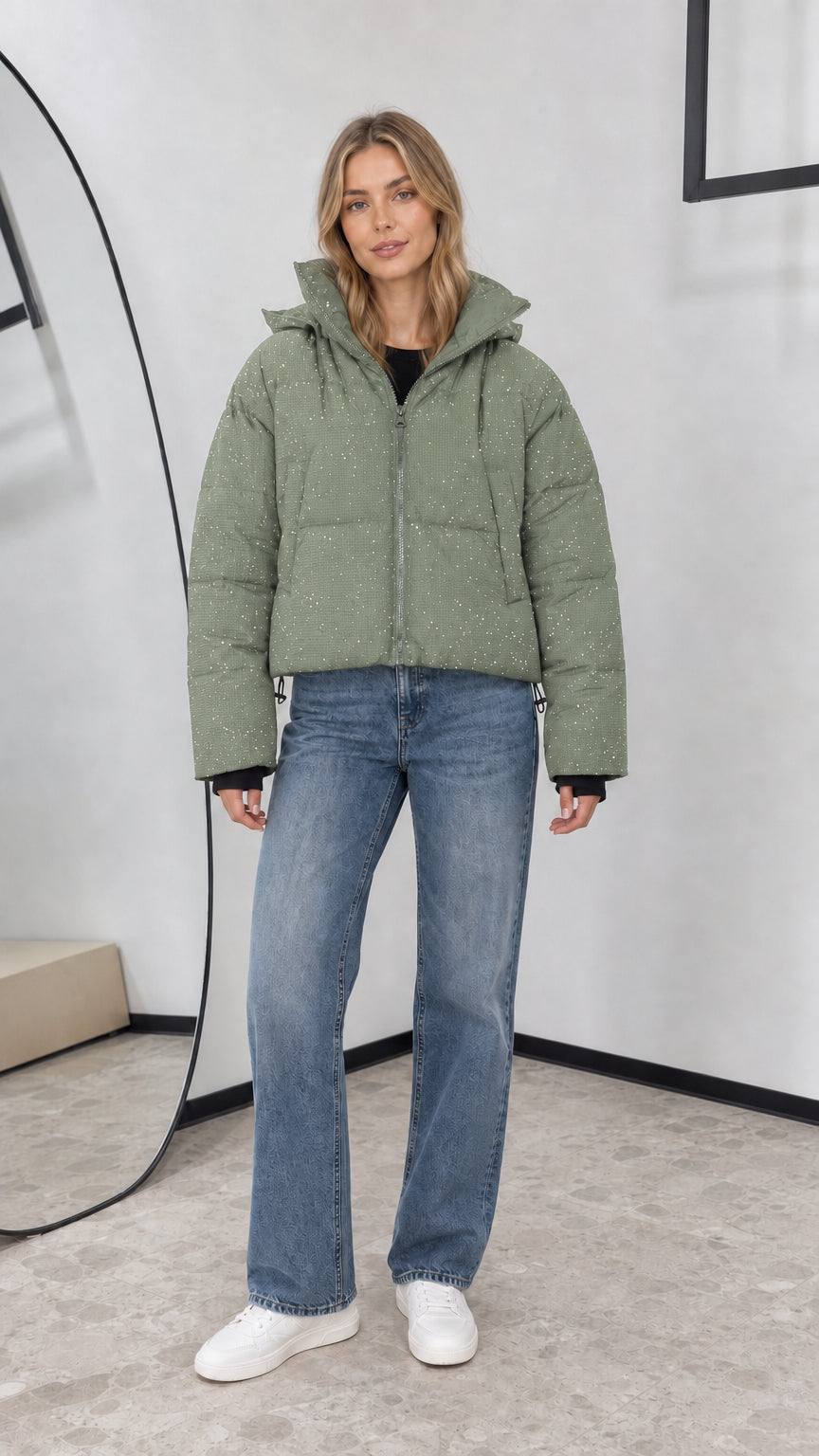 Full front view of sage green glitter cropped hooded puffer jacket