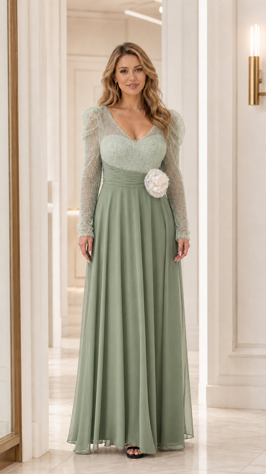 Sage green monochrome long sleeve sequin bodice chiffon formal dress