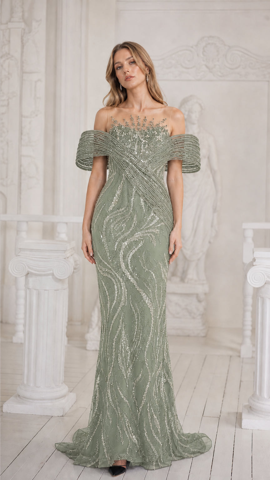 Front view of sage green sequined off-the-shoulder formal gown