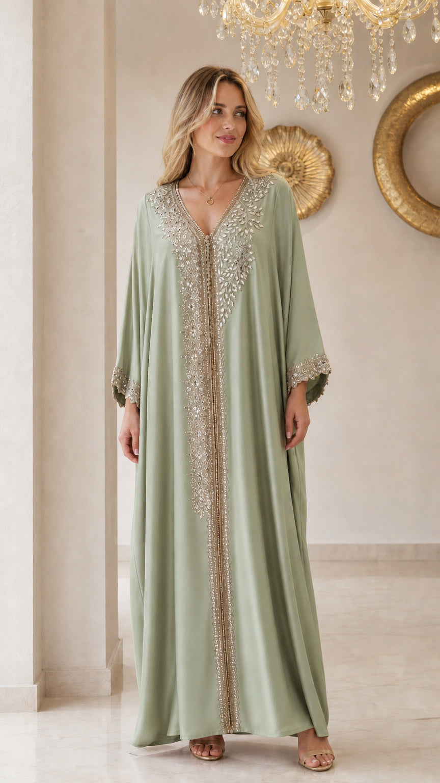 Front view of model wearing sage green embellished kaftan maxi dress