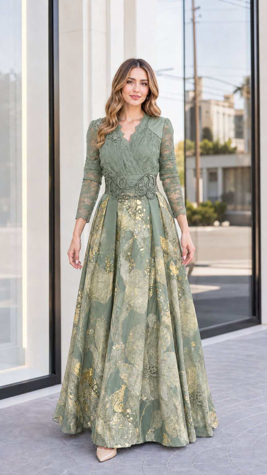Sage green and gold foil jacquard formal maxi gown with lace bodice