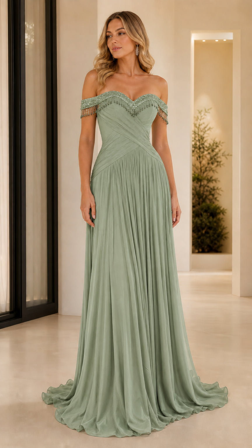 Front view of sage green off-the-shoulder beaded pleated maxi gown