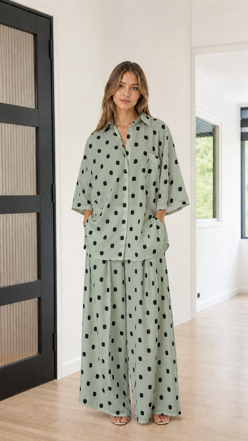 Front view of model wearing sage green and black polka dot loungewear set