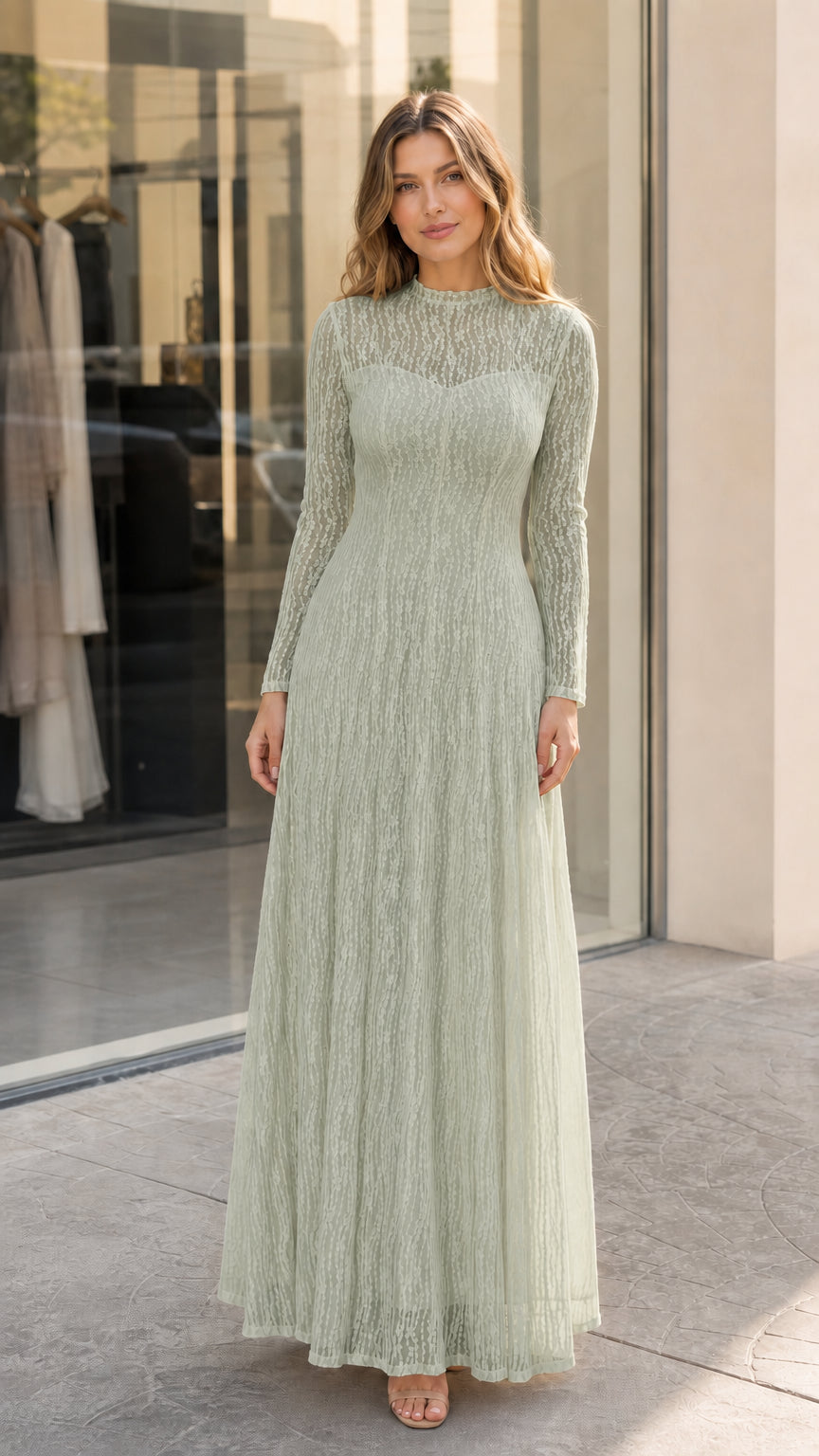 Model wearing the long sleeve lace illusion maxi dress in soft Sage Green
