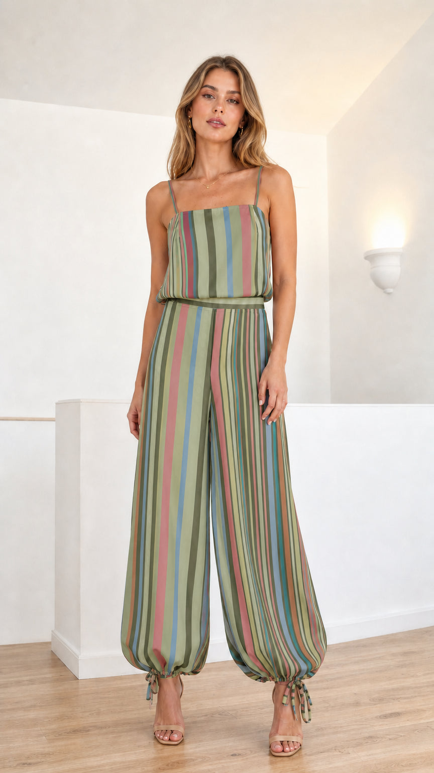 Model wearing sage green multi-colored striped cami jumpsuit