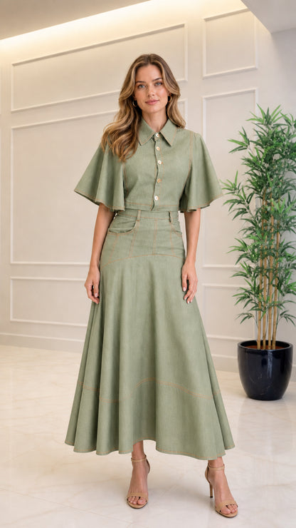 Full-length view of sage green collared flutter sleeve A-line maxi dress