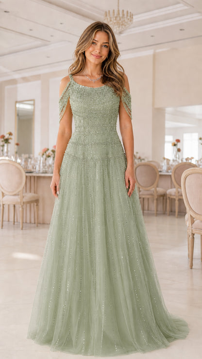 Full-length front view of model in sage green sequin A-line evening dress