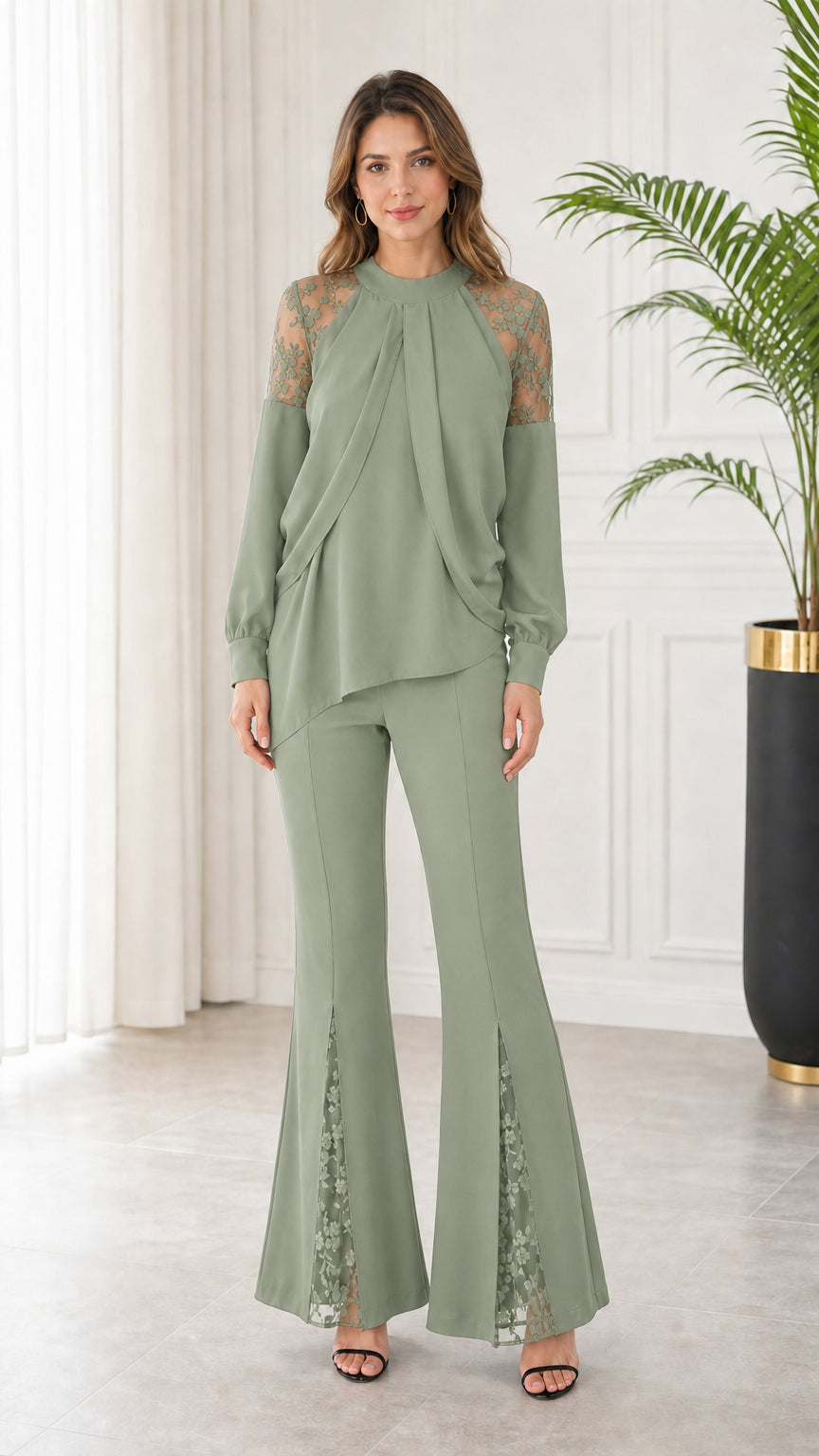 Front full-length view of sage green elegant draped lace top and flare pants two-piece set