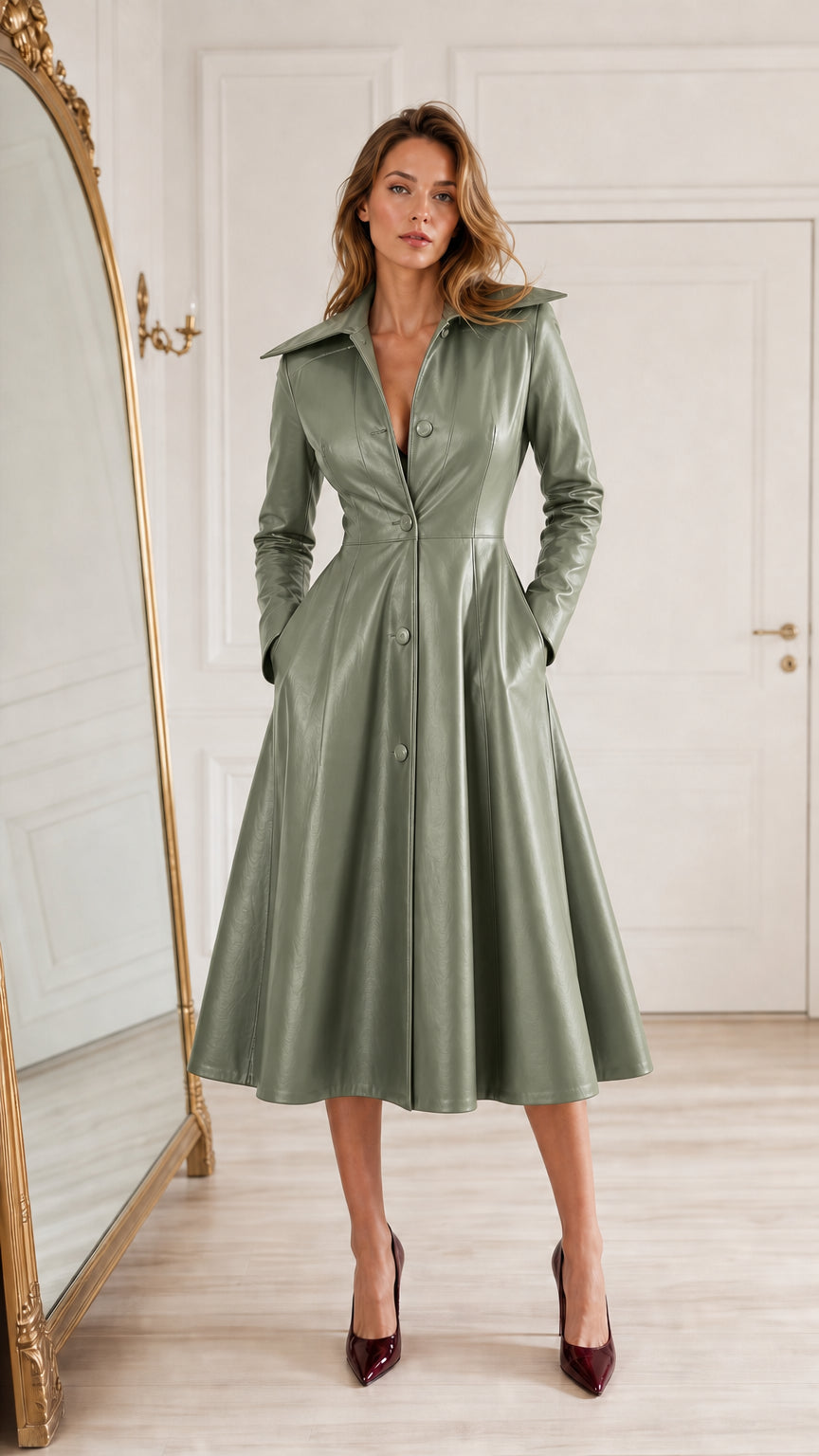 Front full-length view of woman wearing sage green faux leather midi trench dress