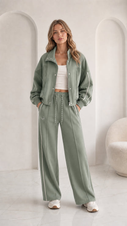 Women's sage green 2-piece sporty track jacket and pant set