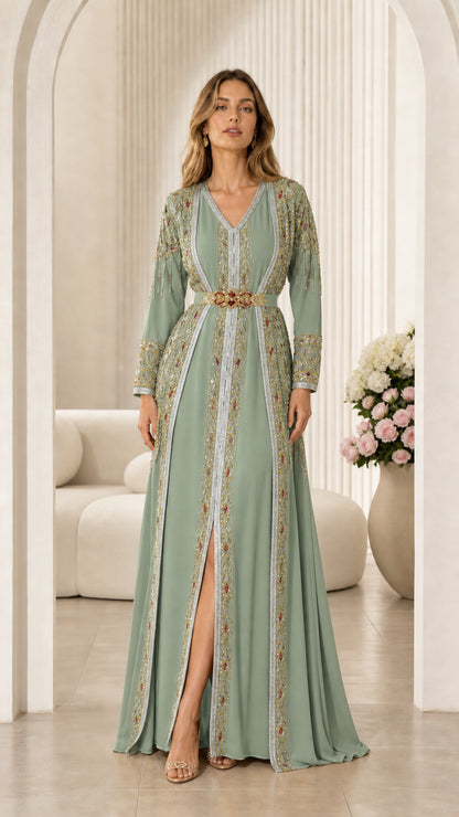 Sage Green floor-length embroidered kaftan maxi dress with waist belt
