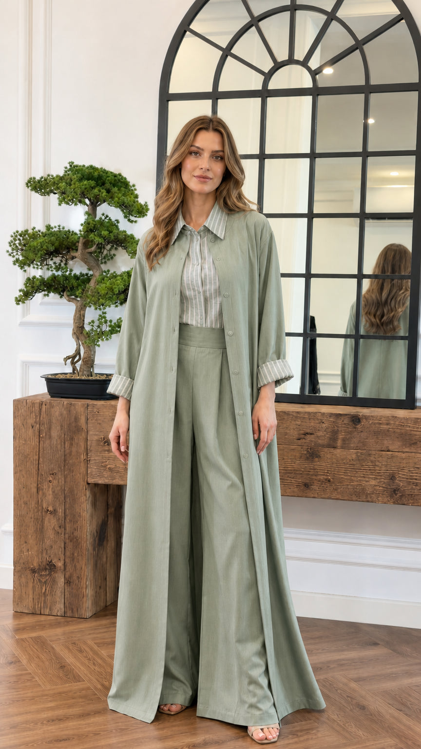 Model wearing the sage green 3-piece modest matching set