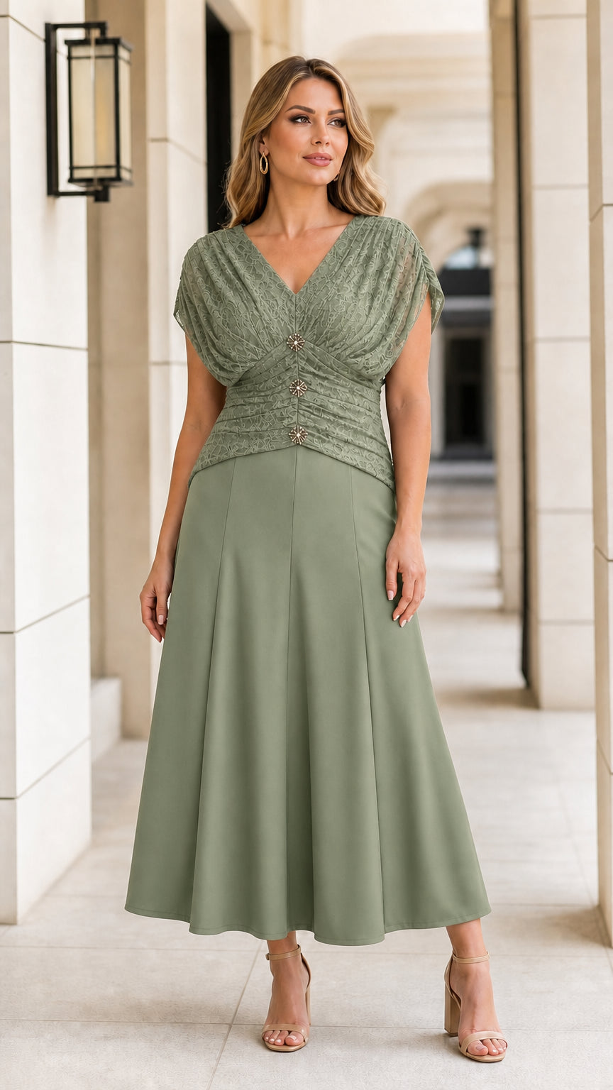 Model wearing sage green textured ruched A-line occasion midi dress