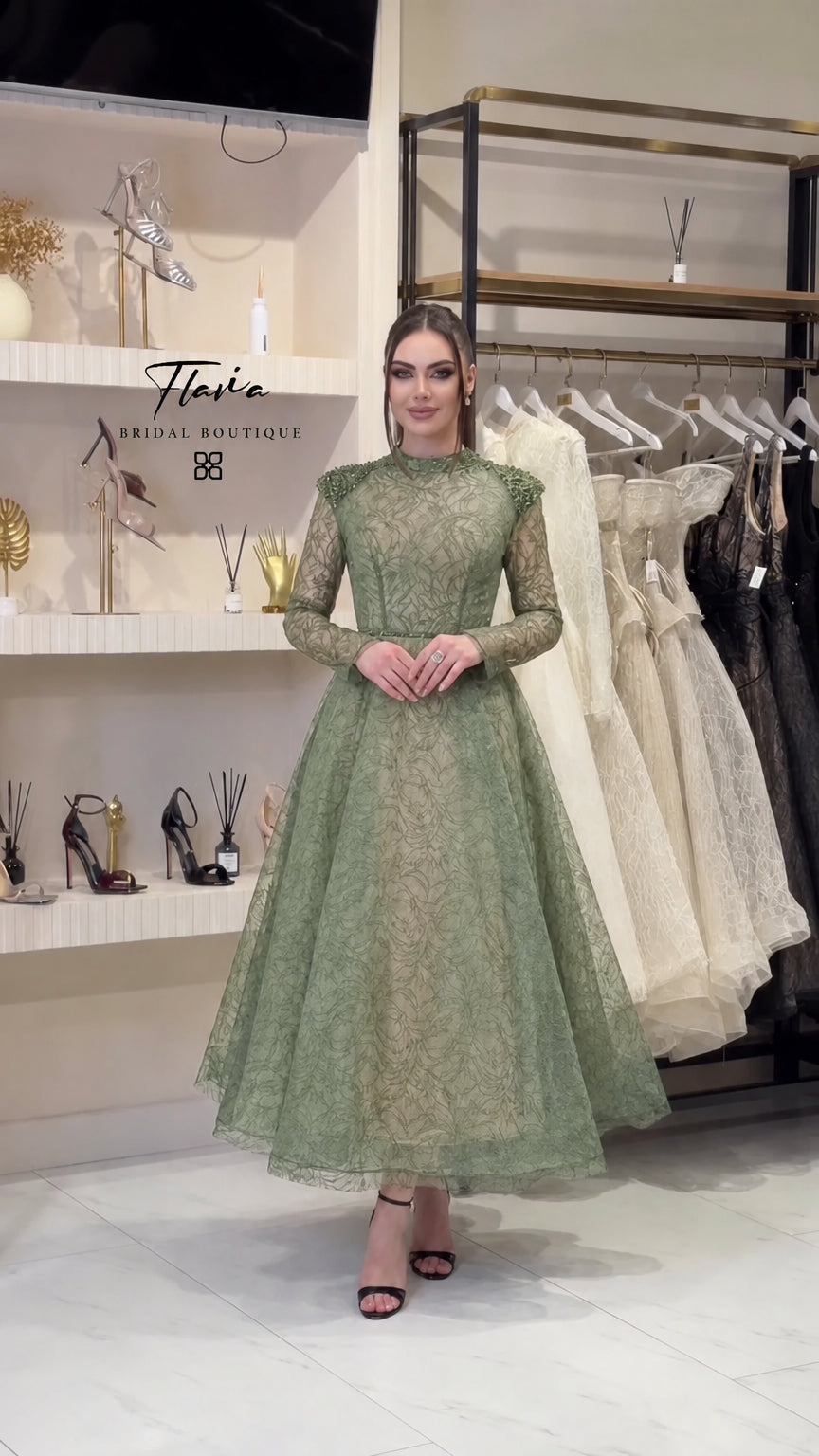 Sage green long sleeve lace midi A-line evening dress