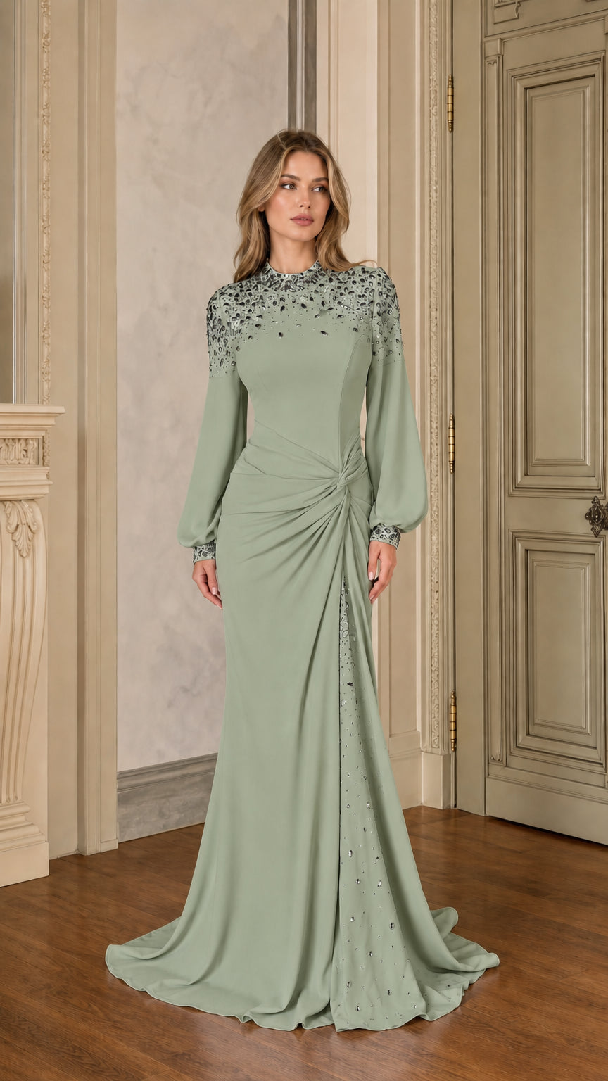 Sage Green floor-length ruched evening gown with crystal accents