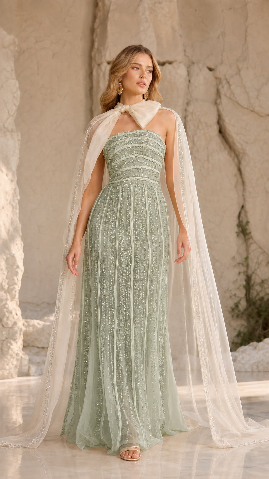 Sage green strapless beaded formal gown with cream sheer tulle cape