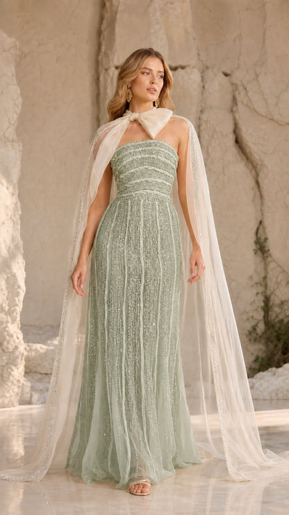 Sage green strapless beaded formal gown with cream sheer tulle cape