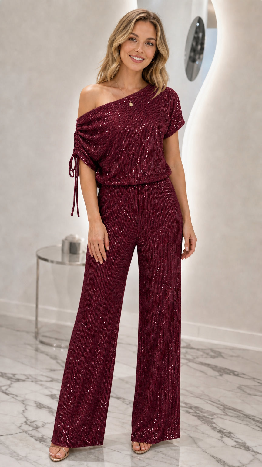Model wearing Wine Red one-shoulder sequin wide-leg jumpsuit