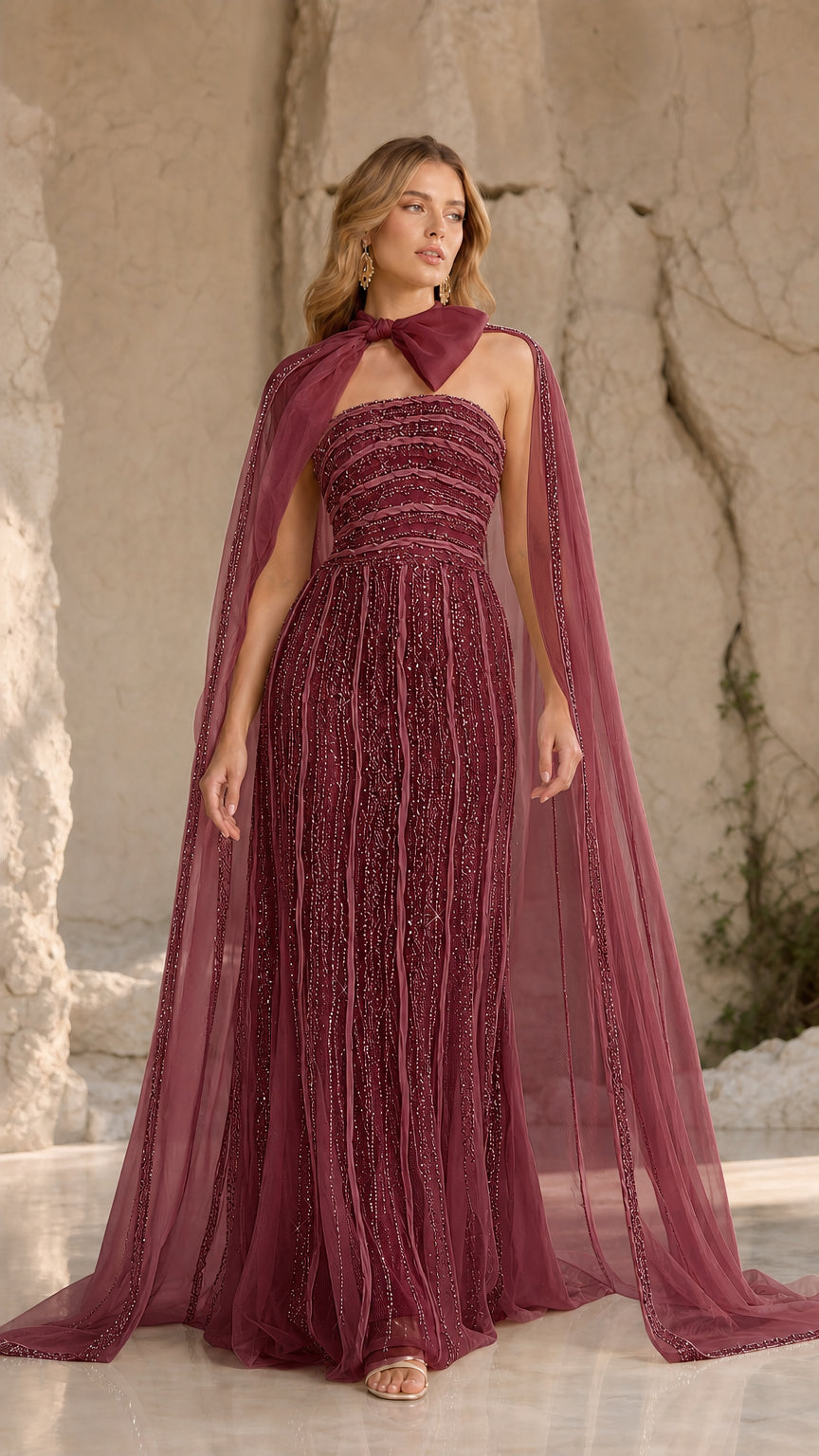 Burgundy strapless beaded evening dress with matching sheer bow cape