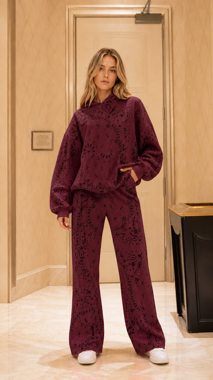 Front full view of woman wearing Burgundy wine bandana paisley tracksuit set