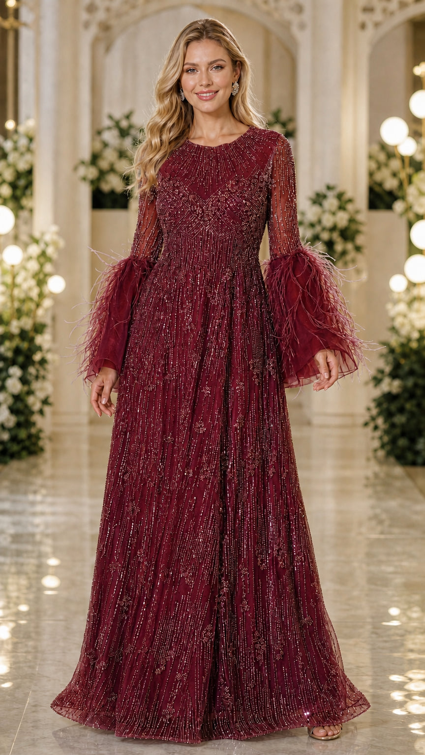 Burgundy wine red sparkling sequin evening gown with feather detail cuffs