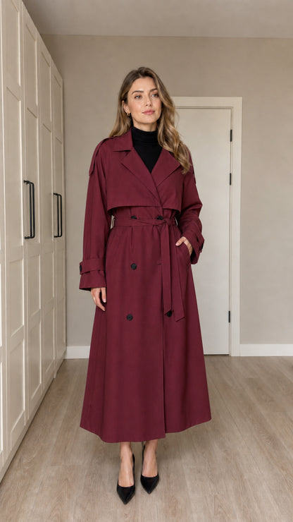 Front full-length view of woman wearing Burgundy double-breasted maxi trench coat with belt