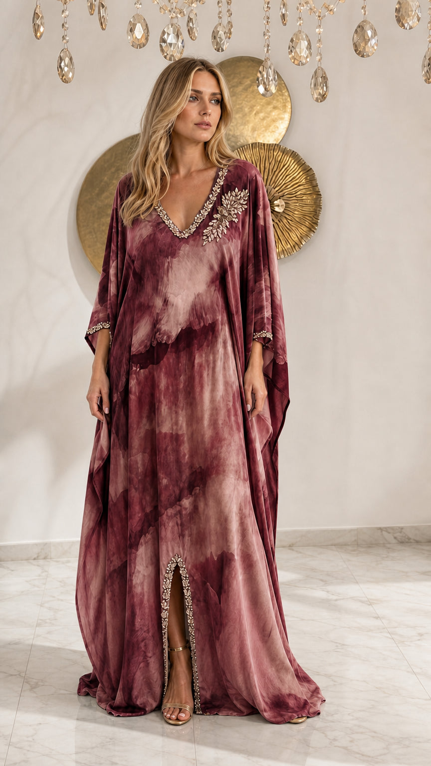 Burgundy wine red embellished kaftan maxi dress